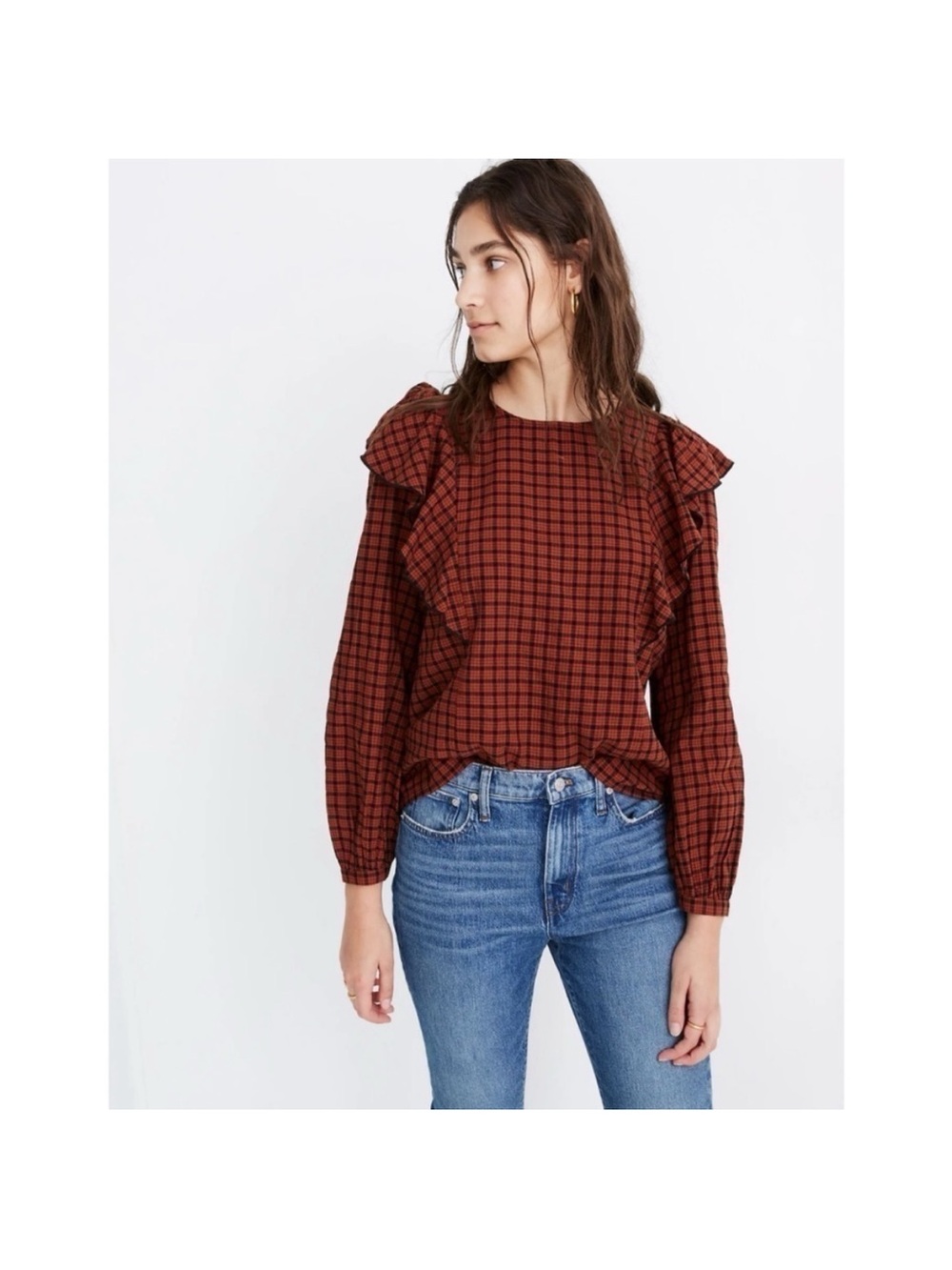Madewell Red Plaid Ruffle Long-Sleeve Top